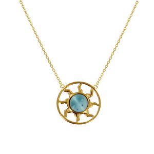 Collier Plaqué Or Médaille Ronde Soleil Ajouré et Demi Perle de Larimar