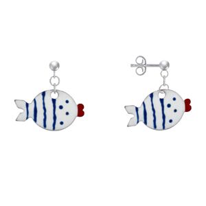 LES POULETTES BIJOUX Boucles d'Oreilles Argent Petit Poisson a Pois et Lignes Emaillees