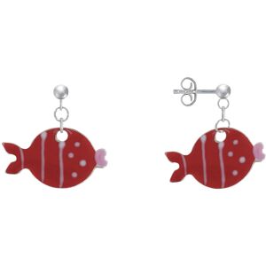 LES POULETTES BIJOUX Boucles d'Oreilles Argent Petit Poisson a Pois et Lignes Emaillees - Rouge