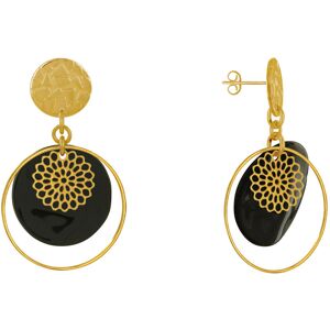 LES POULETTES BIJOUX Boucles d'Oreilles Clous Metal Dore Cercle et Pastille de Nacre - Noir