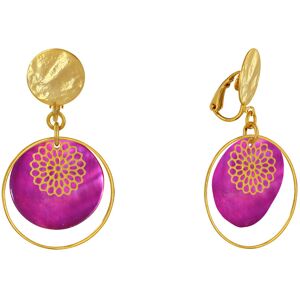 LES POULETTES BIJOUX Boucles d'Oreilles Clip Metal Dore Cercle et Pastille de Nacre - Fuchsia