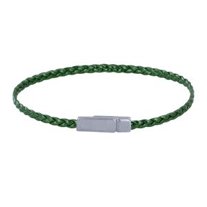 LES POULETTES BIJOUX Bracelet Femme Tresse Plate en Cuir Brillant Femoir Aimante Metal Argente - Vert kaki