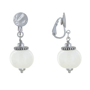 LES POULETTES BIJOUX Boucles d'Oreilles Clip Metal Argente et Grosses Perles en Ceramique - Blanc