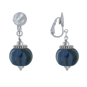 LES POULETTES BIJOUX Boucles d'Oreilles Clip Metal Argente et Grosses Perles en Ceramique - Bleu Nuit