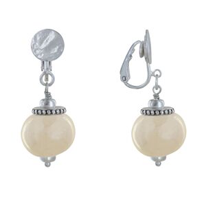 LES POULETTES BIJOUX Boucles d'Oreilles Clip Metal Argente et Grosses Perles en Ceramique - Beige