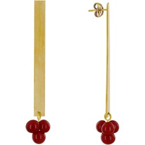 LES POULETTES BIJOUX Boucles d'Oreilles Clous Laiton Rectangle Plat et Bouquet de Perles de Verre - Rouge