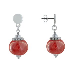 LES POULETTES BIJOUX Boucles d'Oreilles Clous Metal Argente et Grosses Perles en Ceramique - Rouge