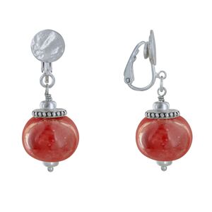LES POULETTES BIJOUX Boucles d'Oreilles Clip Metal Argente et Grosses Perles en Ceramique - Rouge