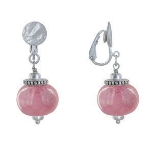 LES POULETTES BIJOUX Boucles d'Oreilles Clip Metal Argente et Grosses Perles en Ceramique - Rose