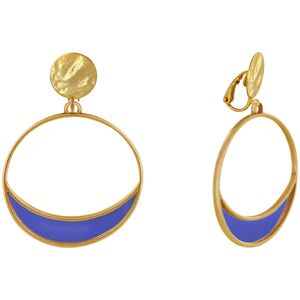 LES POULETTES BIJOUX Boucles d'Oreilles Clip Metal Dore Cercle et Croissant de Lune Translucide Colore - Bleu Navy