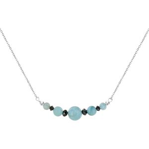 LES POULETTES BIJOUX Collier Chaine Argent Rhodie Cinq Perles de Larimar et Quatre Diamants Noirs Facettees