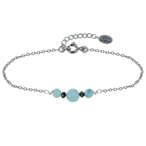 LES POULETTES BIJOUX Bracelet Chaine Argent Rhodie Trois Perles de Larimar et Deux Diamants Noirs Facettees