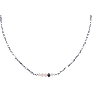 LES POULETTES BIJOUX Collier Chaine Argent Rhodie Quatre Perles Facettees de Quartz Rose et Un Diamant Noir Facettee