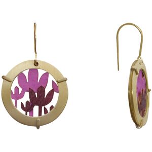 LES POULETTES BIJOUX Boucles d'Oreilles Laiton Anneau et Fleurs en Cuir - Fuchsia