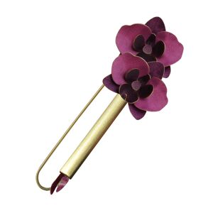 LES POULETTES BIJOUX Broche Laiton Tube et Orchidees en Cuir - Fuchsia