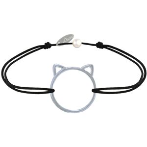 LES POULETTES BIJOUX Bracelet Lien Medaille Argent Tete de Chat Ajoure - Noir