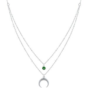 LES POULETTES BIJOUX Collier Double Chaine Argent Croissant de Lune et Zirconia - Vert