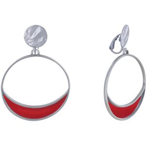 LES POULETTES BIJOUX Boucles d'Oreilles Clip Metal Argente Cercle et Croissant de Lune Translucide Colore - Rouge