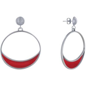 LES POULETTES BIJOUX Boucles d'Oreilles Clous Metal Argente Cercle et Croissant de Lune Translucide Colore - Rouge