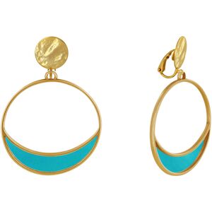 LES POULETTES BIJOUX Boucles d'Oreilles Clip Metal Dore Cercle et Croissant de Lune Translucide Colore - Turquoise