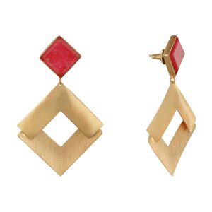 LES POULETTES BIJOUX Boucles d'Oreilles Laiton Dore Carres Lisse Brosse et Colore - Rouge