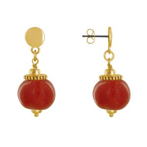 LES POULETTES BIJOUX Boucles d'Oreilles Clous Metal Dore et Grosses Perles en Ceramique - Rouge Profond