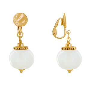 LES POULETTES BIJOUX Boucles d'Oreilles Clip Metal Dore et Grosses Perles en Ceramique - Blanc