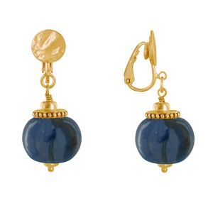 LES POULETTES BIJOUX Boucles d'Oreilles Clip Metal Dore et Grosses Perles en Ceramique - Bleu Nuit