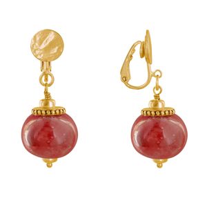 LES POULETTES BIJOUX Boucles d'Oreilles Clip Metal Dore et Grosses Perles en Ceramique - Rouge