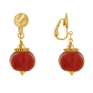 LES POULETTES BIJOUX Boucles d'Oreilles Clip Metal Dore et Grosses Perles en Ceramique - Rouge Profond
