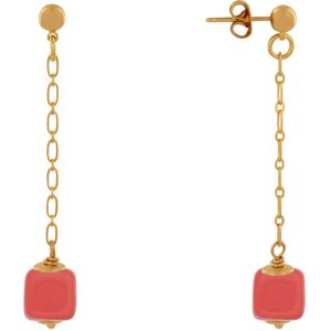 LES POULETTES BIJOUX Boucles d'Oreilles Chainette Laiton Dore et Cube en Ceramique - Rouge