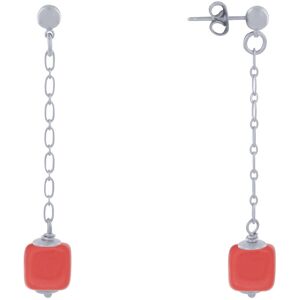 LES POULETTES BIJOUX Boucles d'Oreilles Chainette Laiton Argente et Cube en Ceramique - Rouge