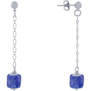 LES POULETTES BIJOUX Boucles d'Oreilles Chainette Laiton Argente et Cube en Ceramique - Bleu Navy