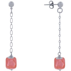 LES POULETTES BIJOUX Boucles d'Oreilles Chainette Laiton Argente et Cube en Ceramique - Rouge Clair