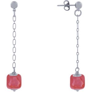 LES POULETTES BIJOUX Boucles d'Oreilles Chainette Laiton Argente et Cube en Ceramique - Rouge Fonce