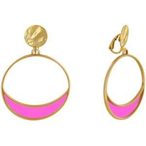 LES POULETTES BIJOUX Boucles d'Oreilles Clip Metal Dore Cercle et Croissant de Lune Translucide Colore - Fuchsia