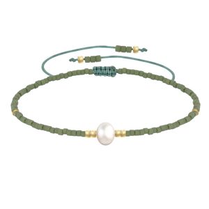 LES POULETTES BIJOUX Bracelet Lien Perle d'Eau Douce Blanche et Petites Perles Mates - Vert kaki