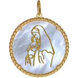 LES POULETTES BIJOUX Pendentif Plaque Or Medaille Ronde en Nacre Vierge a l'Enfant