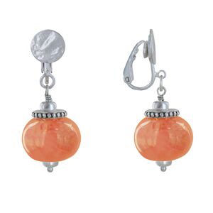 LES POULETTES BIJOUX Boucles d'Oreilles Clip Metal Argente et Grosses Perles en Ceramique - Orange