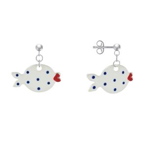 LES POULETTES BIJOUX Boucles d'Oreilles Argent Petit Poisson a Pois Emaillee - Blanc