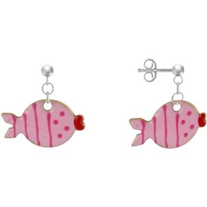 LES POULETTES BIJOUX Boucles d'Oreilles Argent Petit Poisson a Pois et Lignes Emaillees - Rose