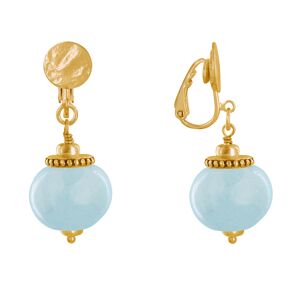 LES POULETTES BIJOUX Boucles d'Oreilles Clip Metal Dore et Grosses Perles en Ceramique - Bleu ciel