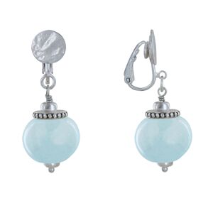 LES POULETTES BIJOUX Boucles d'Oreilles Clip Metal Argente et Grosses Perles en Ceramique - Bleu ciel
