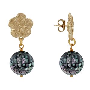 LES POULETTES BIJOUX Boucles d'Oreilles Clous Metal Dore Fleur et Perle de Nacre Facettee - Noir