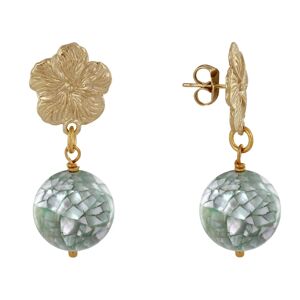 LES POULETTES BIJOUX Boucles d'Oreilles Clous Metal Dore Fleur et Perle de Nacre Facettee - Vert