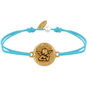 LES POULETTES BIJOUX Bracelet Lien Médaille Ronde Martelée Laiton Doré Ange Raphaël - Turquoise