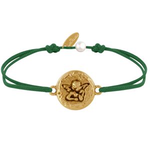 LES POULETTES BIJOUX Bracelet Lien Médaille Ronde Martelée Laiton Doré Ange Raphaël - Vert Foncé