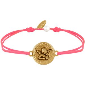 LES POULETTES BIJOUX Bracelet Lien Médaille Ronde Martelée Laiton Doré Ange Raphaël - Rouge Fluo