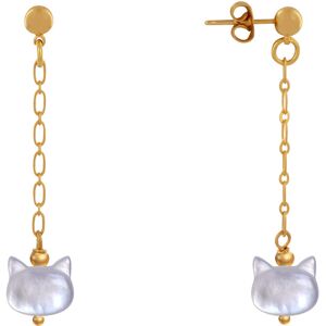 LES POULETTES BIJOUX Boucles d'Oreilles Chainette Laiton Dore et Tete de Chat en Nacre