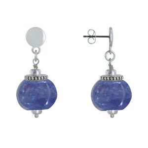 LES POULETTES BIJOUX Boucles d'Oreilles Clous Metal Argente et Grosses Perles en Ceramique - Bleu Navy